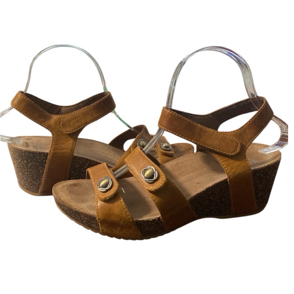 Dansko Tan Leather Sandals Cork Wedge Adjustable Effortless Hook & loop Straps